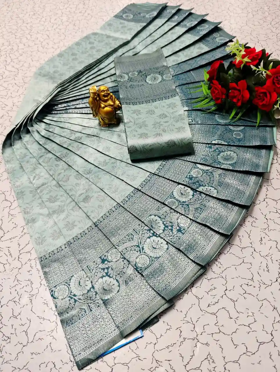 Soft Silk Printed Saree With Unstitched Blouse - Silver Blue